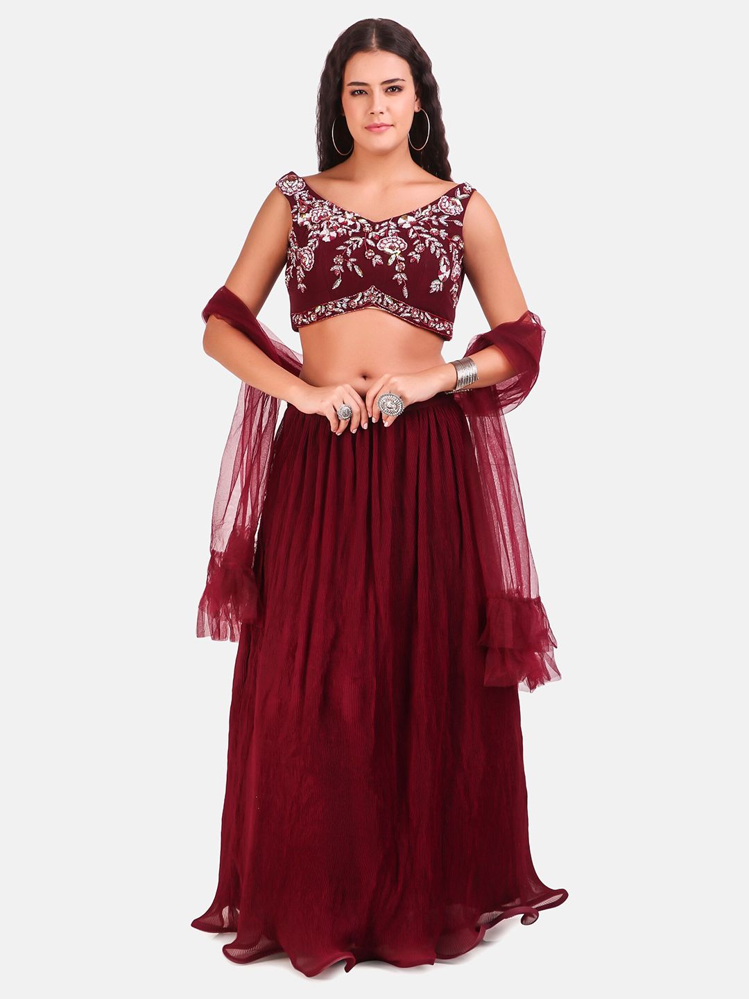 Grancy Burgundy & White Embroidered Sequinned Ready to Wear Lehenga & Blouse With Dupatta