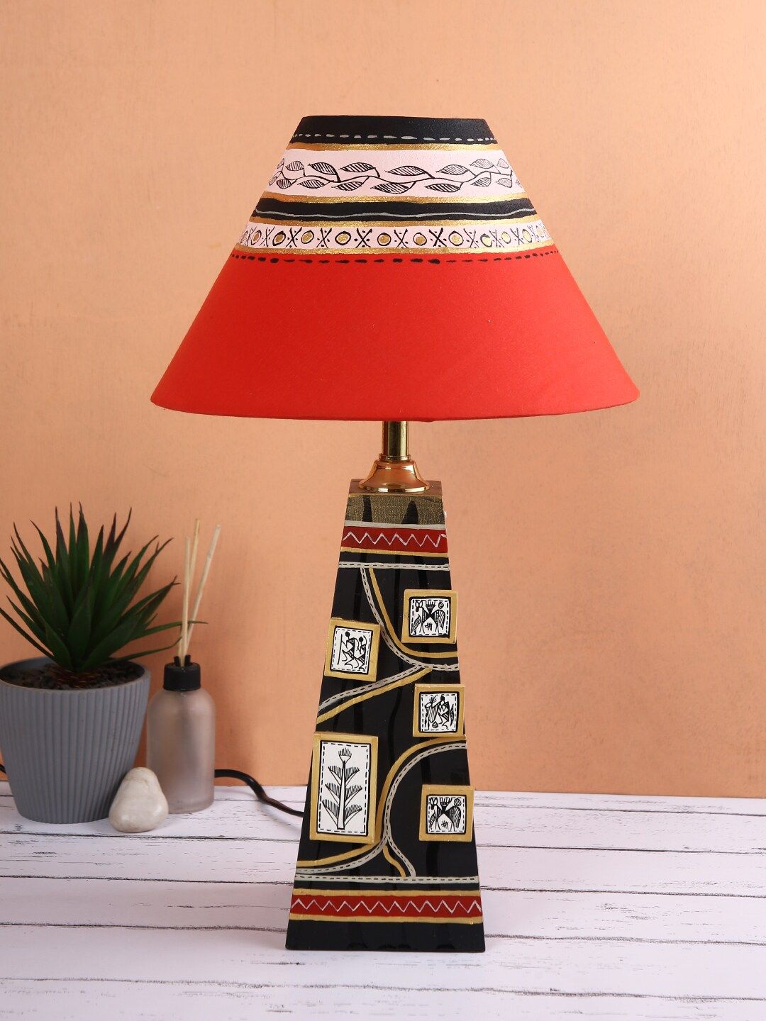 Aapno Rajasthan Red & Cream-Coloured Printed Bedside Standard Table Lamp Price in India