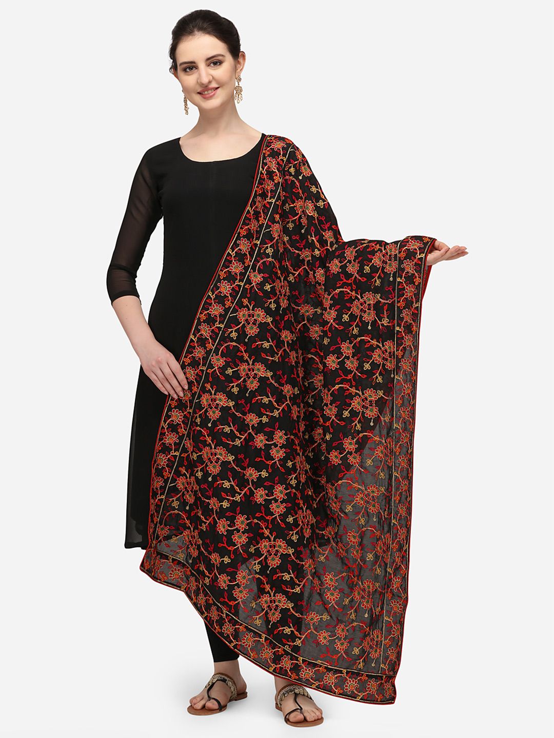 VASTRANAND Black & Red Ethnic Motifs Embroidered Dupatta with Thread Work Price in India