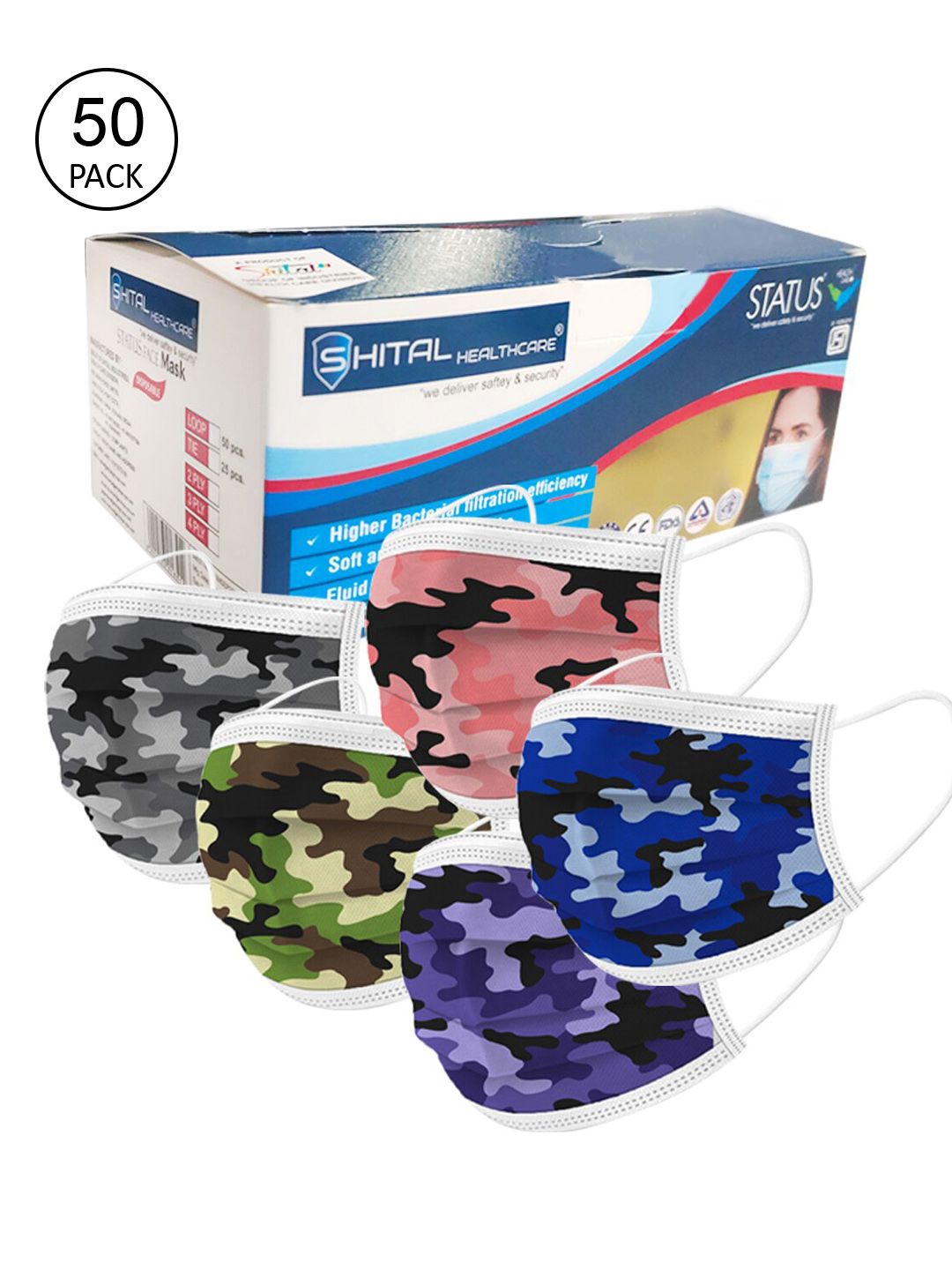 Status Adult 50 Pcs 3-Ply Disposable Military Printed Surgical Masks Price in India