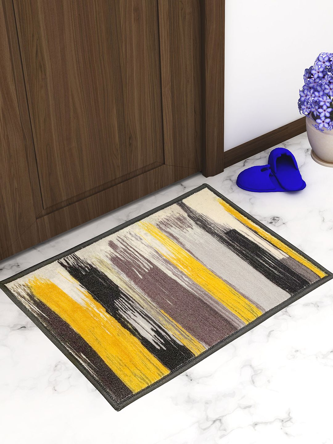 Athom Trendz Set Of 2 Yellow & Brown Printed Anti-Slip Rectangular Doormats Price in India