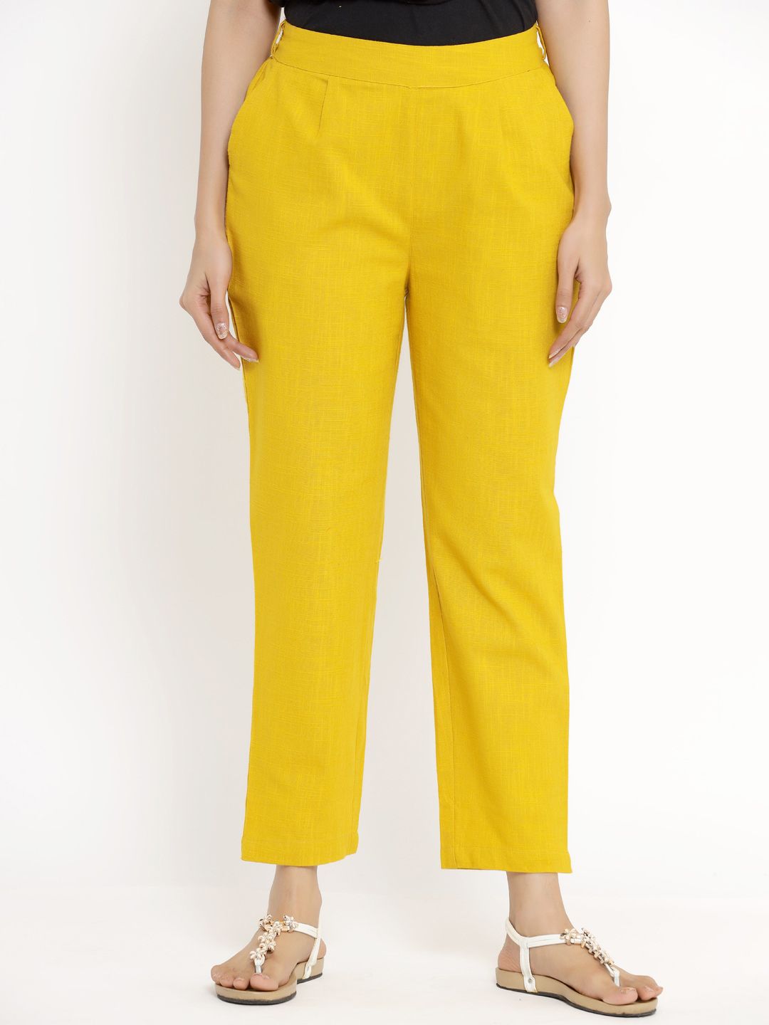 Aprique FAB Women Mustard Yellow Cotton Trousers Price in India