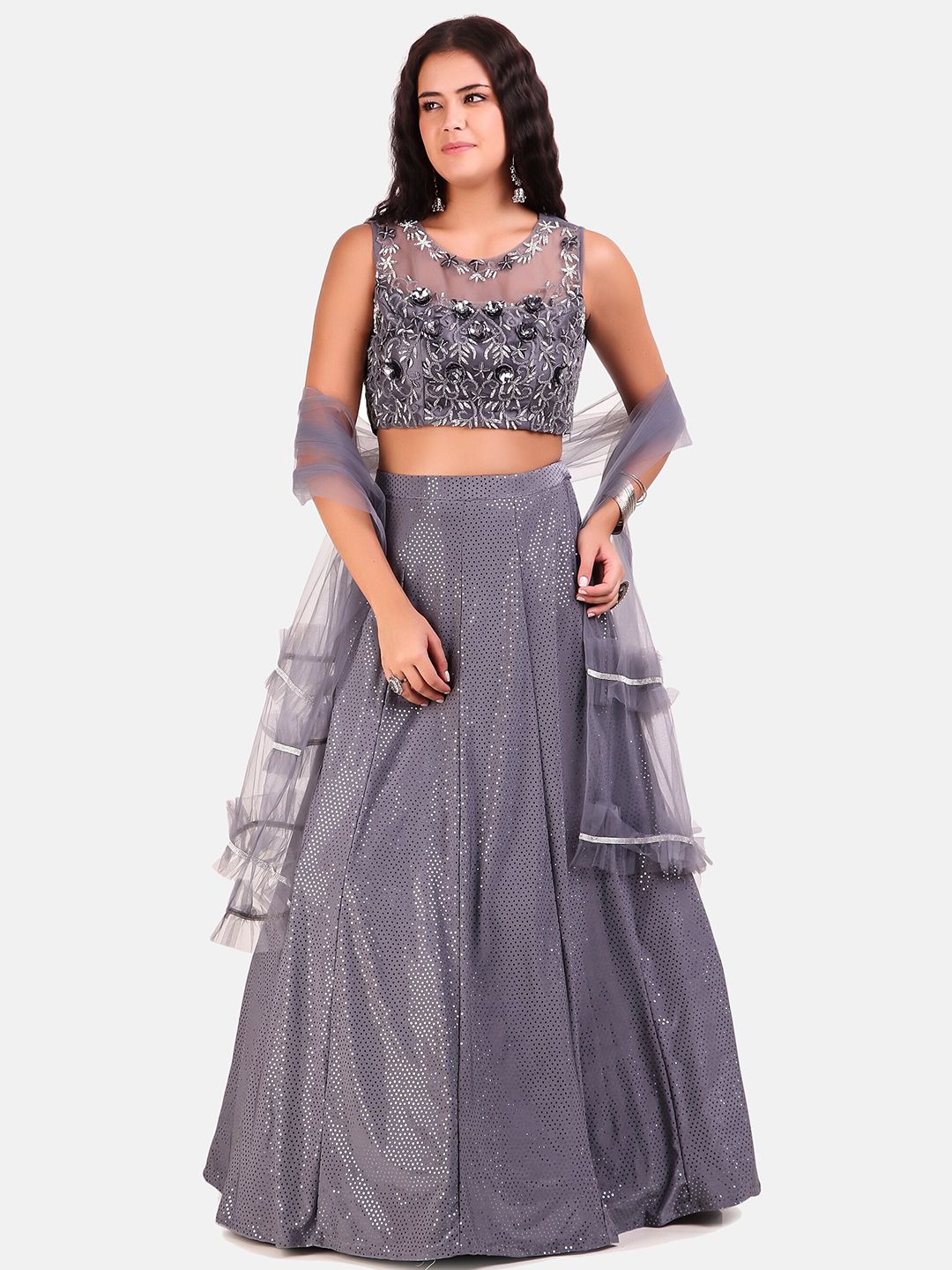 Grancy Grey & Silver-Toned Embroidered Sequinned Ready to Wear Lehenga & Blouse With Dupatta