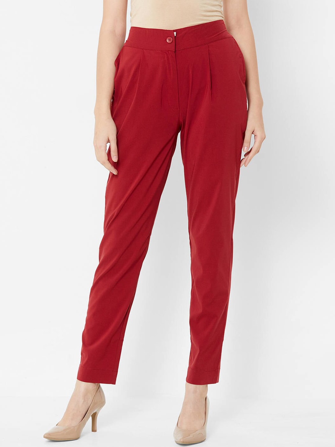 ZOLA Women Maroon Straight Fit Pleated Peg Trousers Price in India