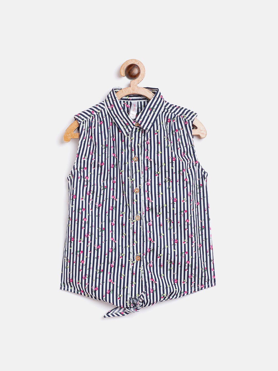 Stylo Bug Blue & White Floral Printed Shirt Style Top