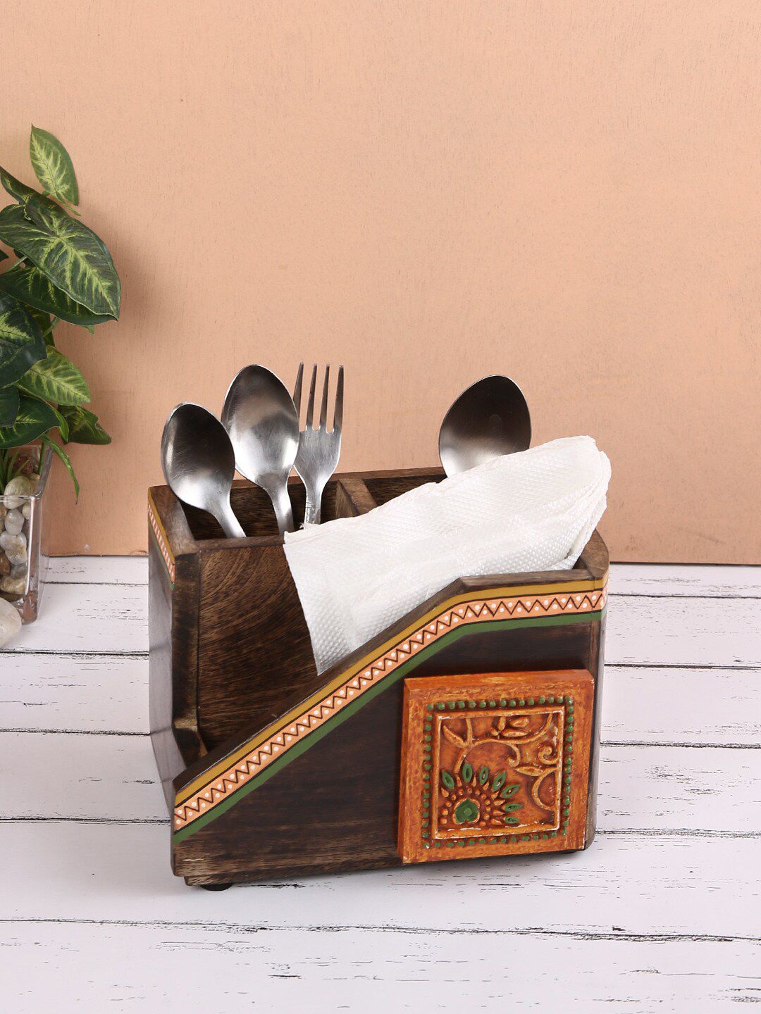 Aapno Rajasthan Brown & White Printed Handcrafted Cutlery Holder Price in India
