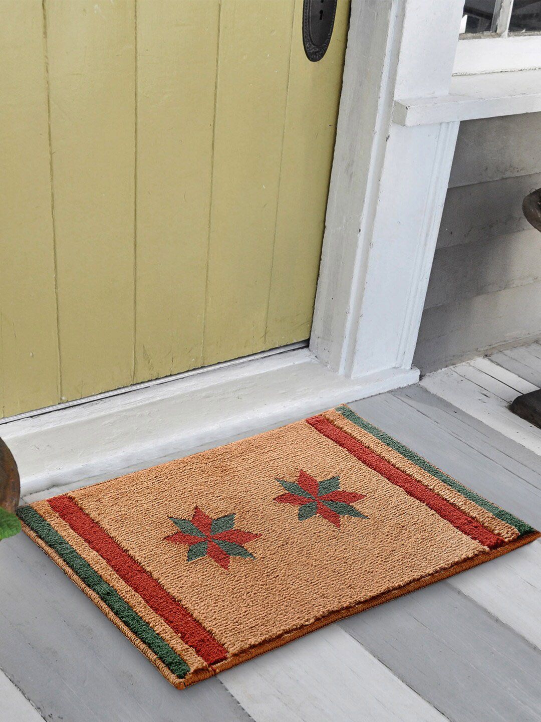 Saral Home Beige & Red Geometric Printed Rectangular Ani-Skid Doormat Price in India
