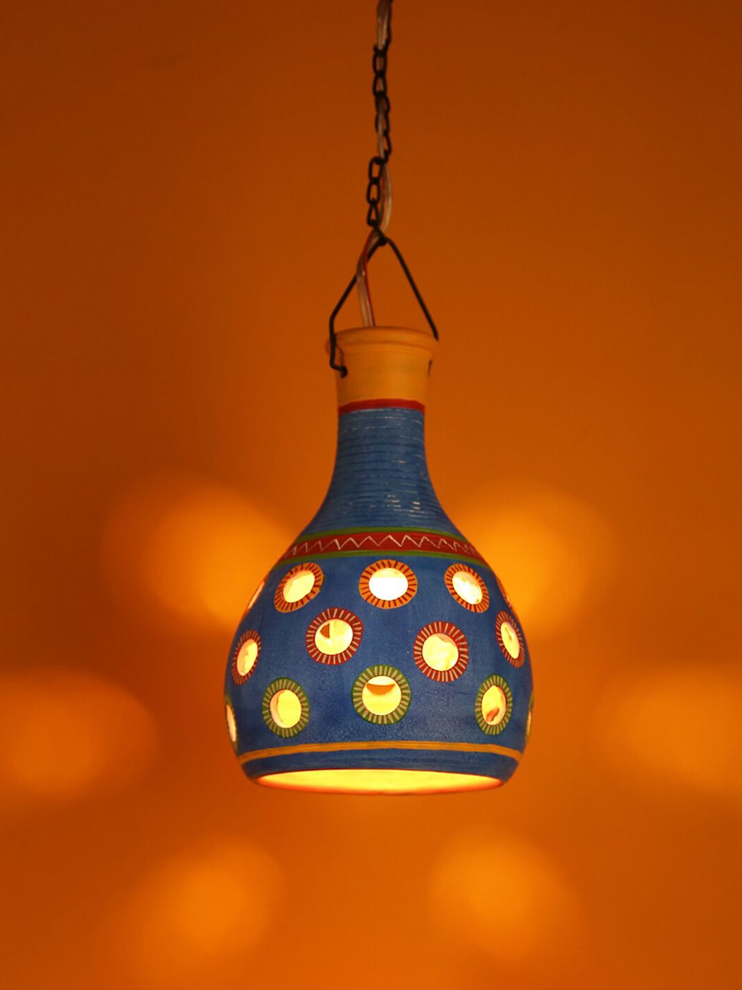 Aapno Rajasthan Blue & Yellow Printed Contemporary Hanging Lamp Price in India