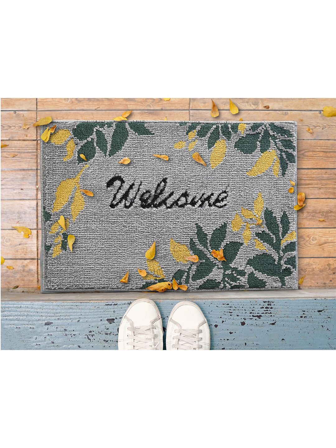 Saral Home Grey & Yellow Printed Anti-Skid Cotton Doormat Price in India