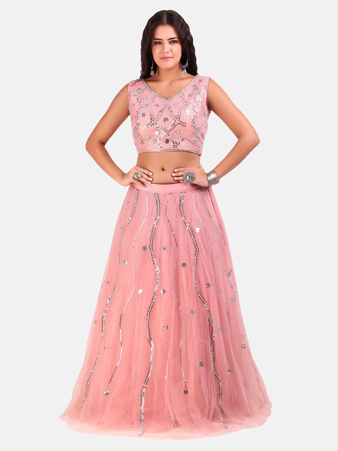 Grancy Pink & Silver-Toned Printed Sequinned Ready to Wear Lehenga & Blouse With Dupatta