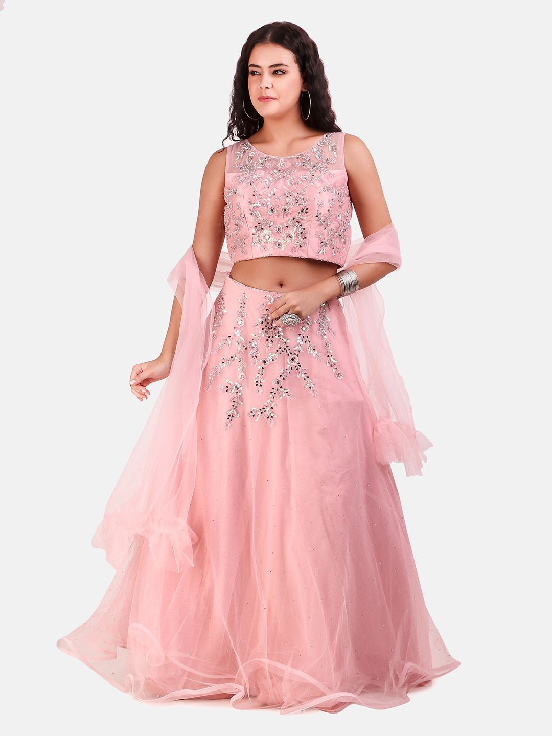 Grancy Pink & Silver-Toned Embroidered Sequinned Ready to Wear Lehenga & Blouse With Dupatta