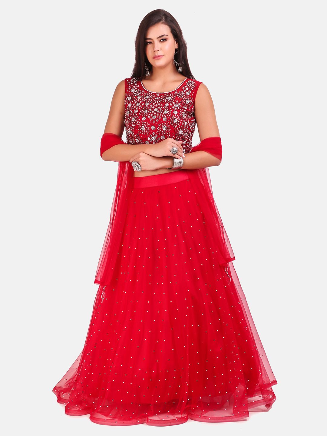 Grancy Red & Silver-Toned Embroidered Sequinned Ready to Wear Lehenga & Blouse With Dupatta