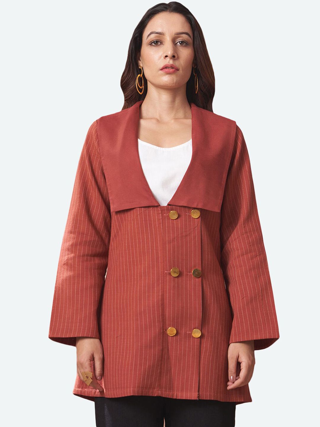 DEEBACO Women Rust Brown & White Striped Double Breasted Long Blazer Price in India