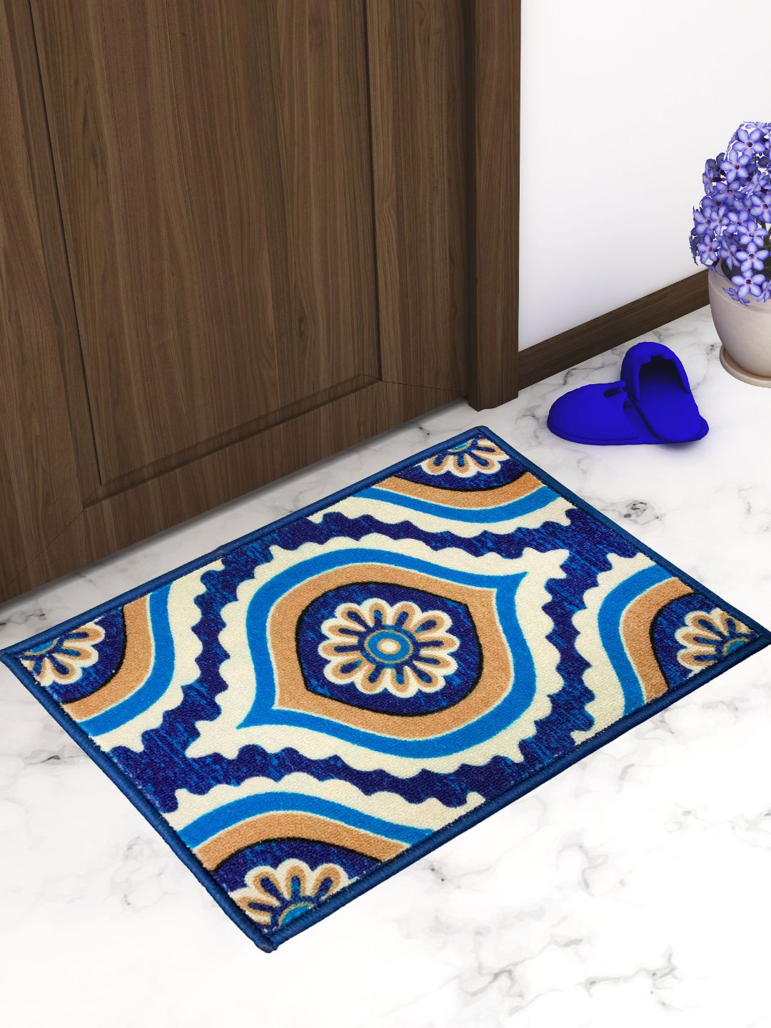 Athom Trendz Set Of 2 Blue & White Ethnic Motif Printed Anti-Skid Doormats Price in India