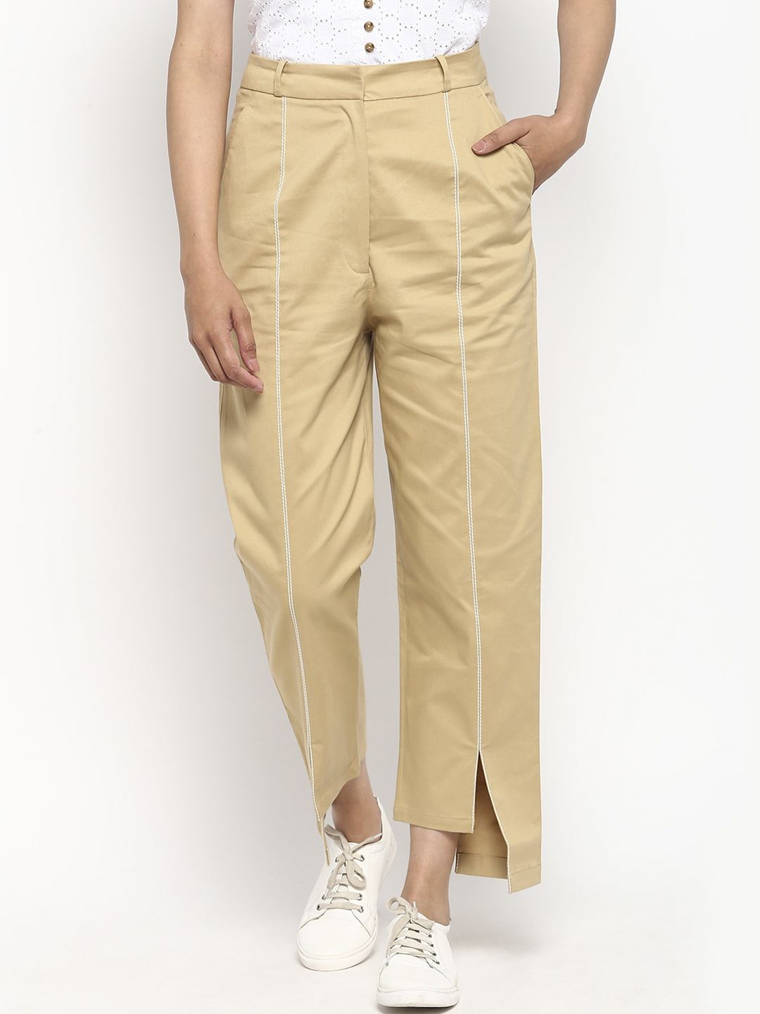 DEEBACO Women Beige Striped Loose Fit Pleated Trousers Price in India