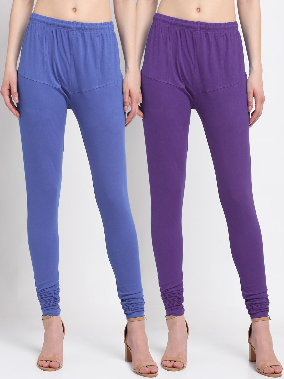 KLOTTHE Women Pack Of 2 Blue & Purple Solid Cotton Churidar-Length Leggings Price in India