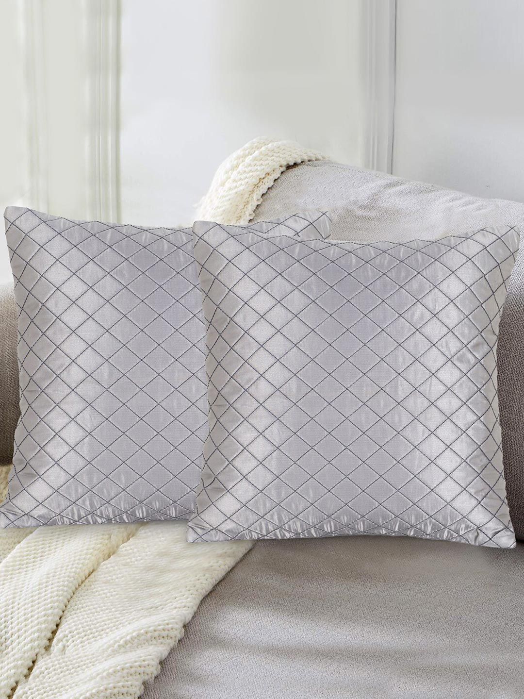 Mezposh Grey & Grey Set of 2 Checked Satin Square Cushion Covers Price in India