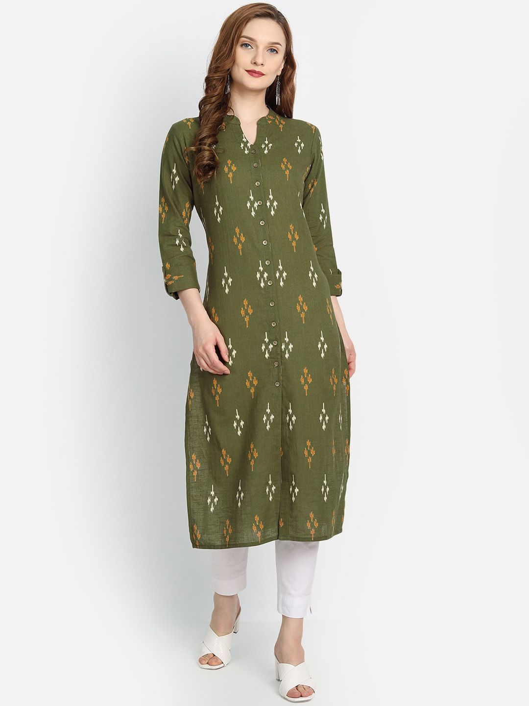 fabGLOBAL Women Olive Green Printed Thread Work Handloom Kurta