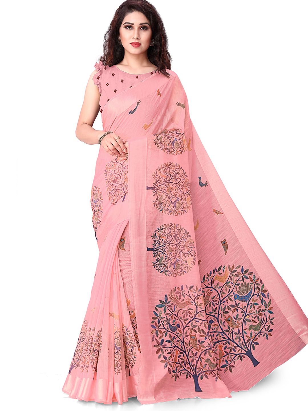 KALINI Peach-Coloured & Blue Polycotton Baluchari Saree