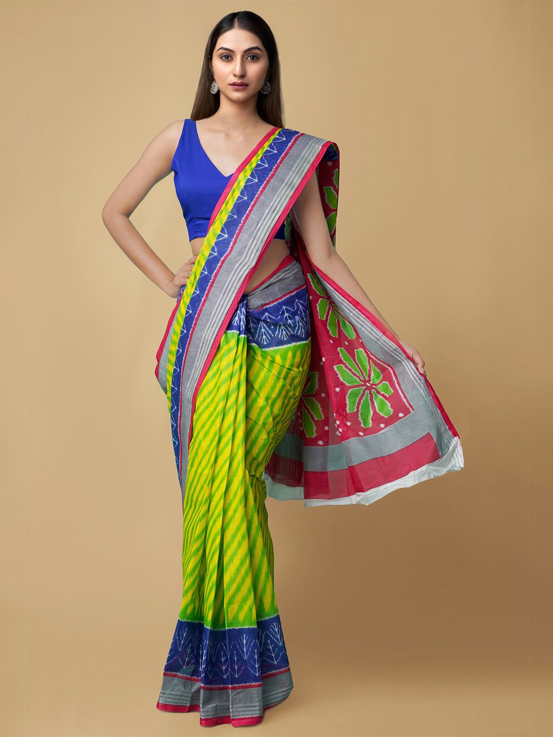 Unnati Silks Lime Green & Blue Striped Pure Cotton Saree