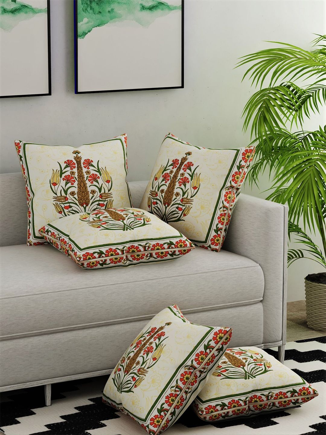 Salona Bichona Yellow & Green Set of 5 Floral Square Cushion Covers Price in India