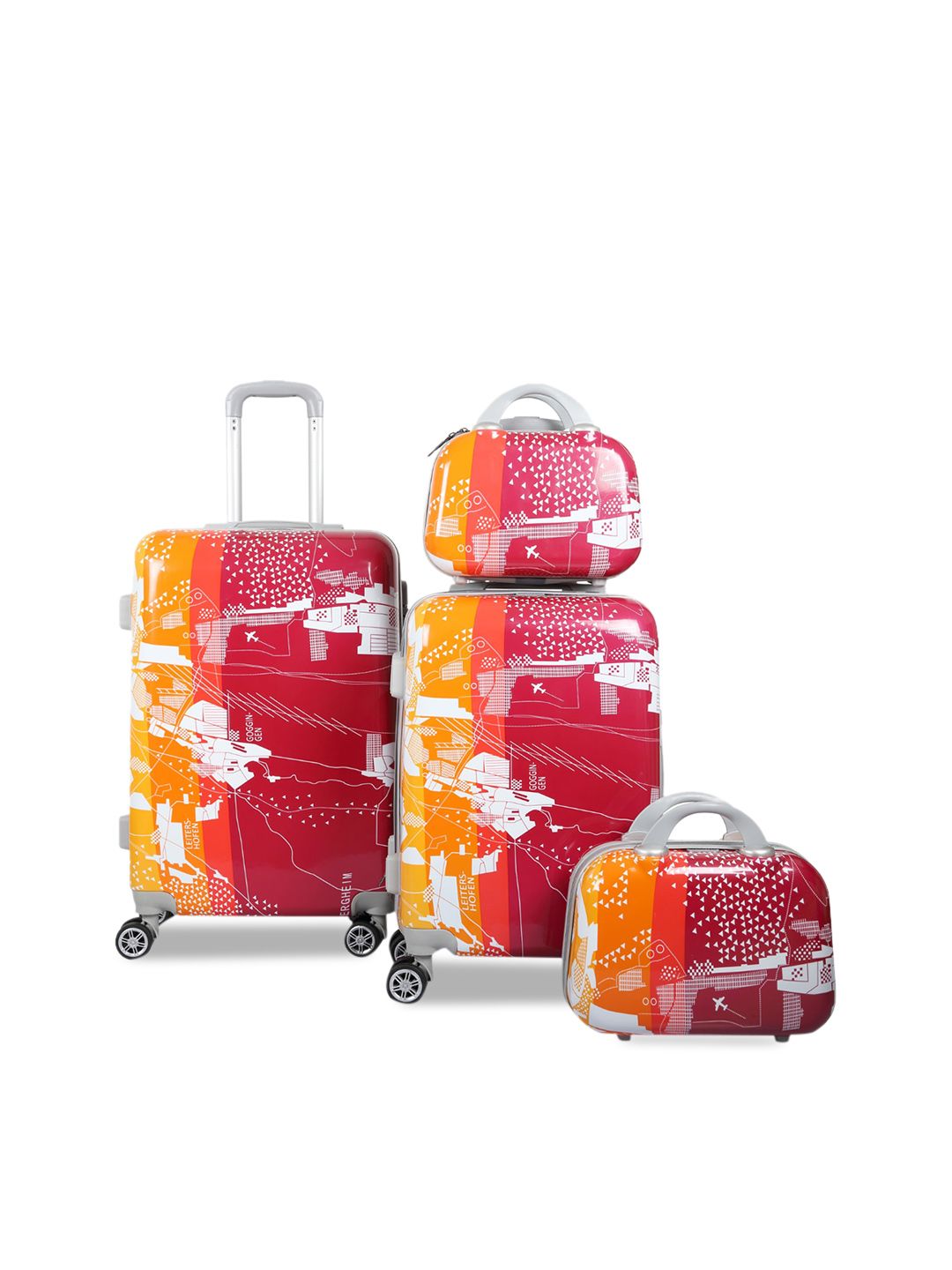 Polo Class Red & Orange 4-Pieces Printed Hard Case Luggage Trolley & Vanity Bag Set Price in India