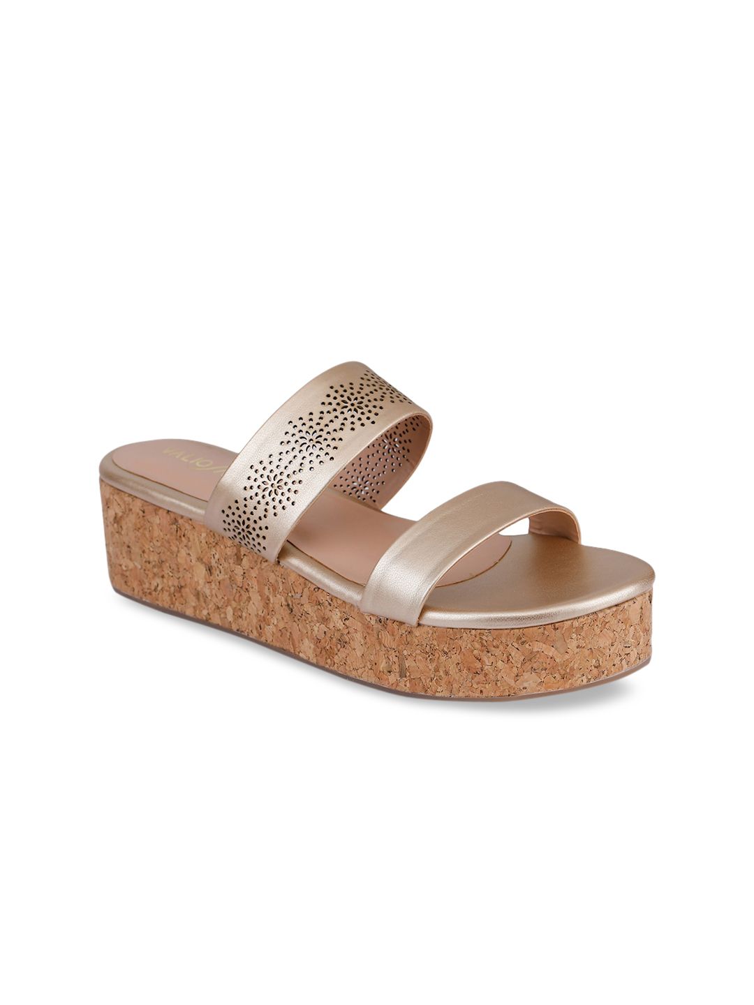 VALIOSAA Gold-Toned Wedge Sandals with Laser Cuts Price in India