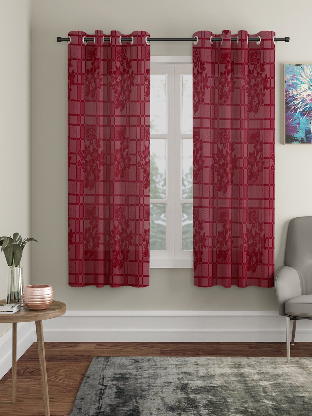 HOSTA HOMES Maroon Set of 2 Floral Window Curtain Price in India