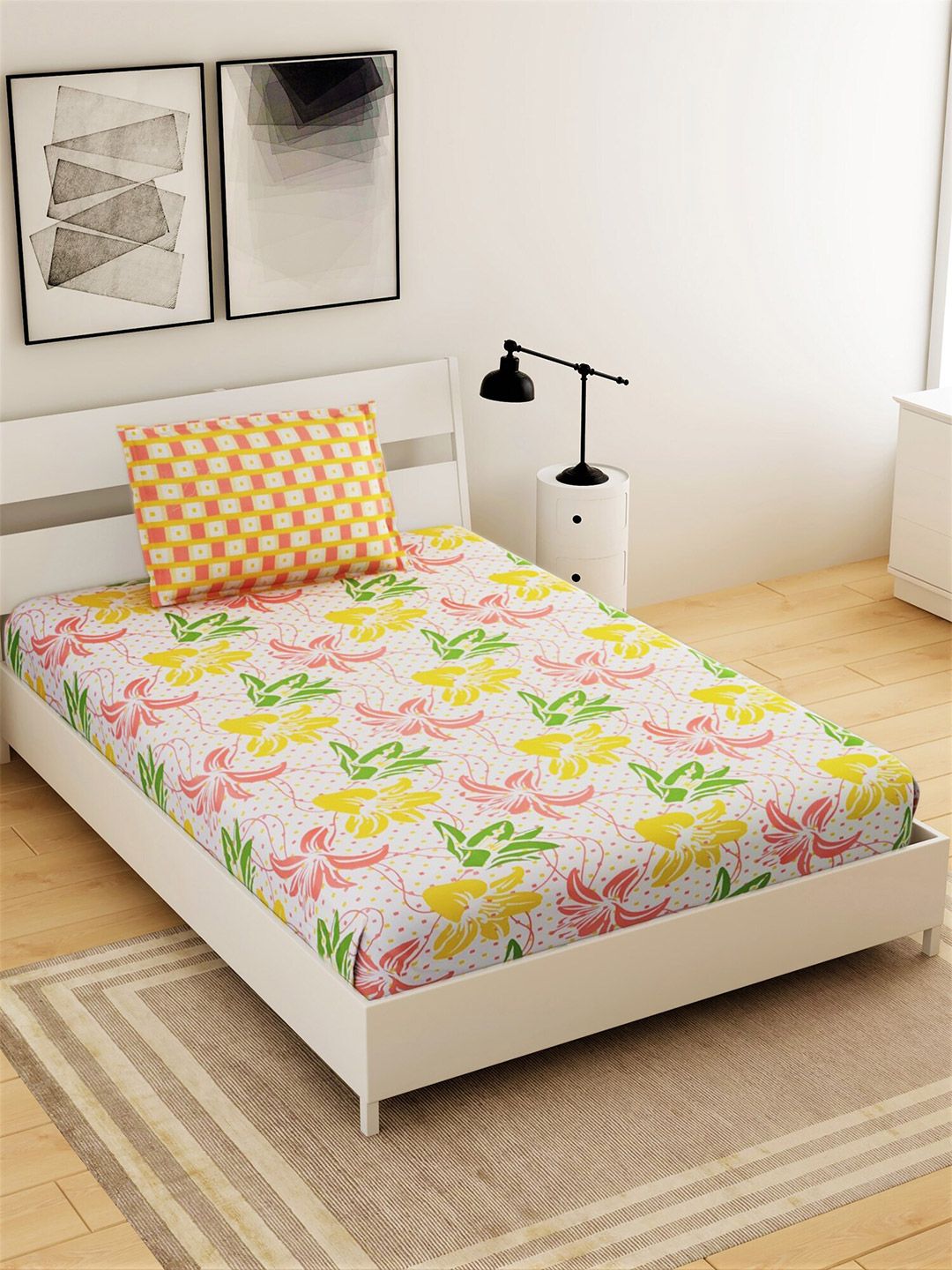 Salona Bichona White & Yellow Floral 104 TC Single Bedsheet with 1 Pillow Covers Price in India