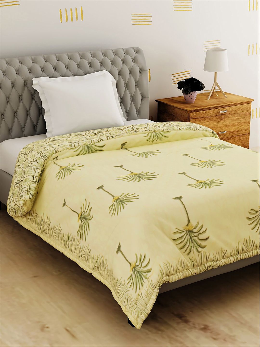 Salona Bichona Yellow & Green Jaipuri Print Mild Winter 120 GSM Cotton Single Bed Quilt Price in India