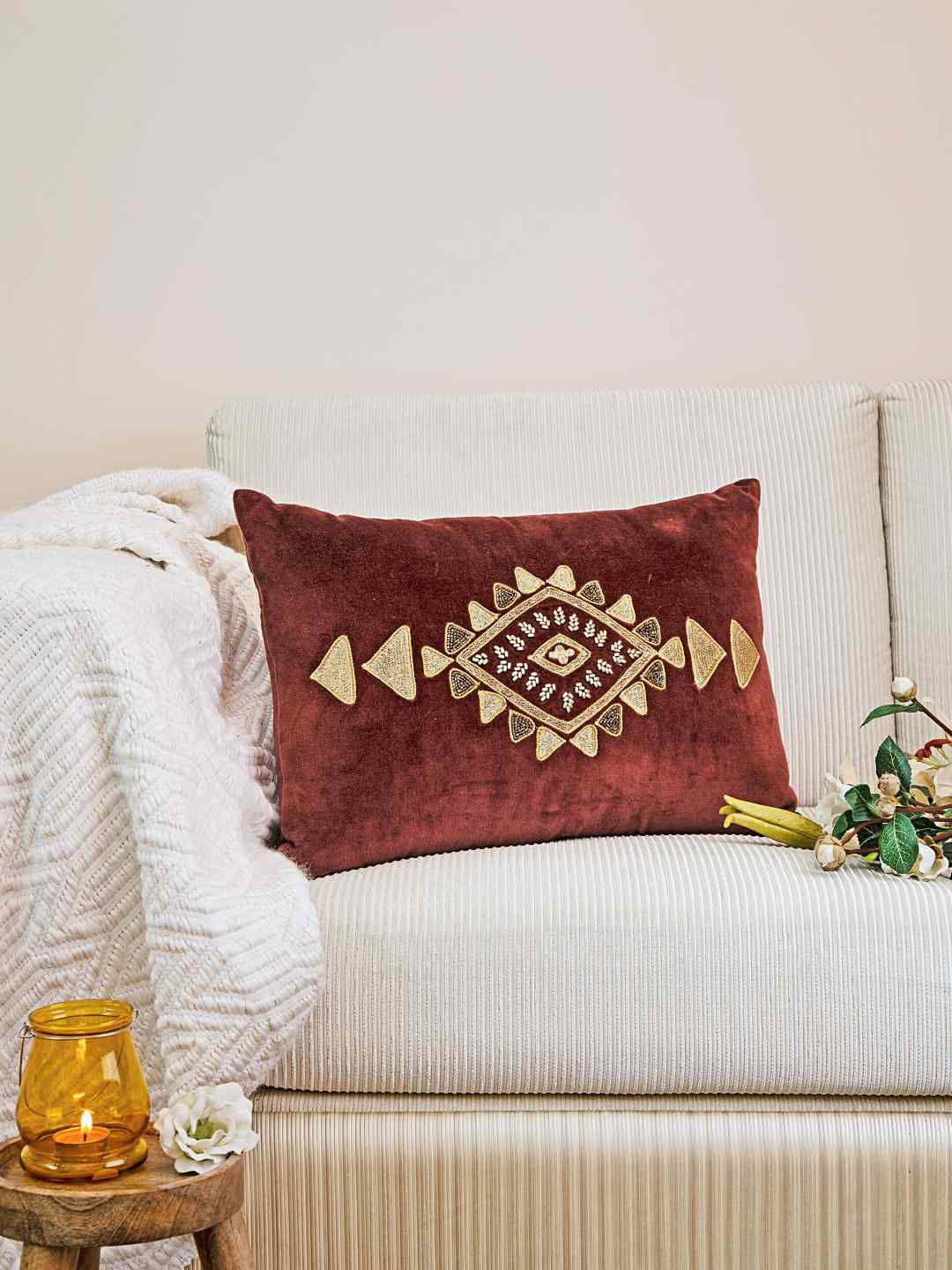 Amoliconcepts Red & Gold-Toned Embroidered Velvet Rectangle Cushion Covers Price in India