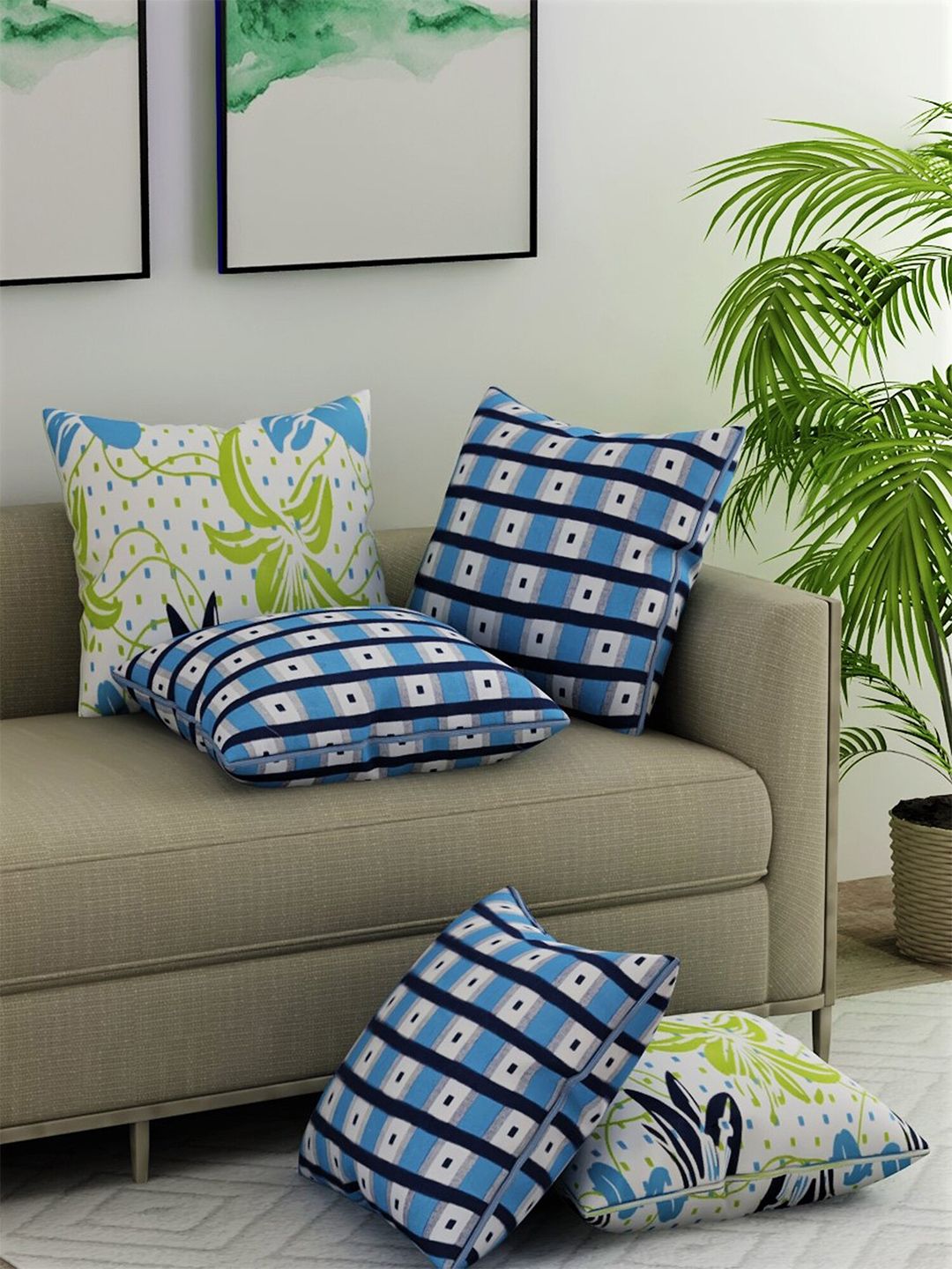 Salona Bichona Blue & White Set of 5 Geometric Satin Square Cushion Covers Price in India