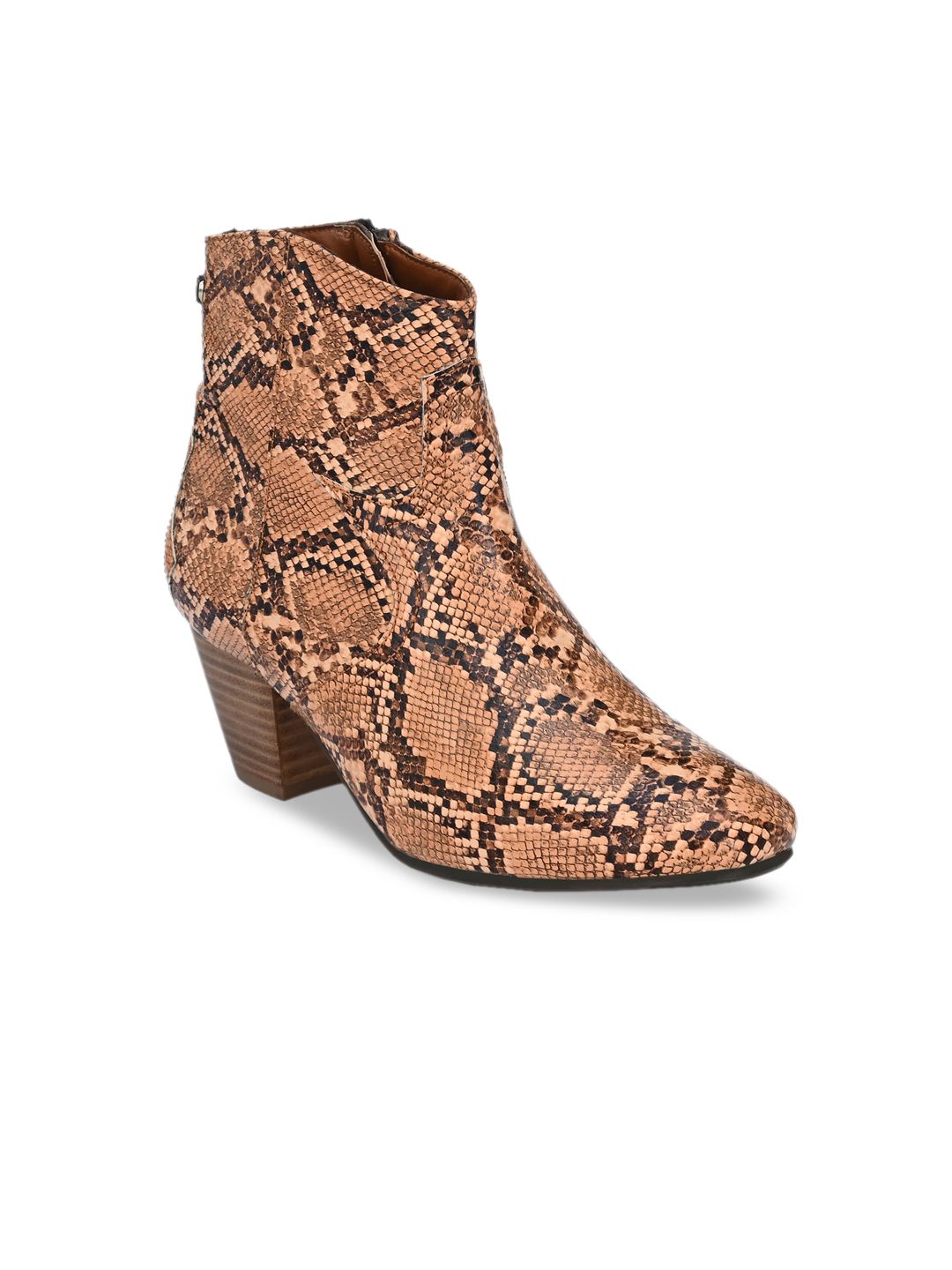 Delize Brown Snake-SKin Printed Block Heeled Boots Price in India