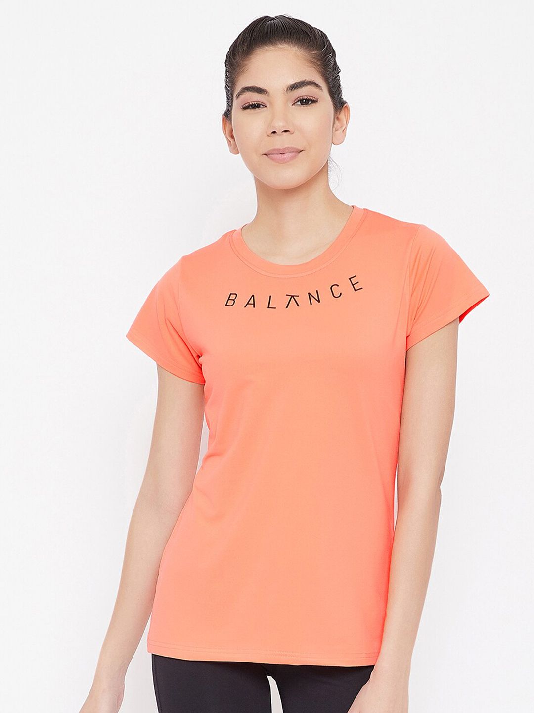 Clovia Women Orange Typography Henley Neck T-shirt