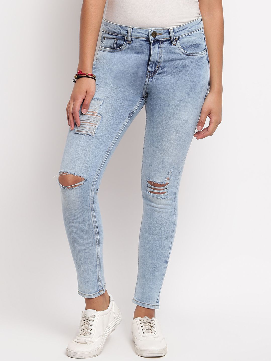 TALES & STORIES Women Blue Skinny Fit Slash Knee Faded Jeans Price in India