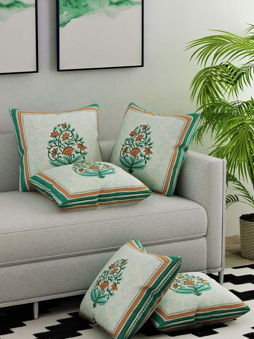 Salona Bichona Cream-Coloured & Blue Set of 5 Floral Square Cushion Covers Price in India