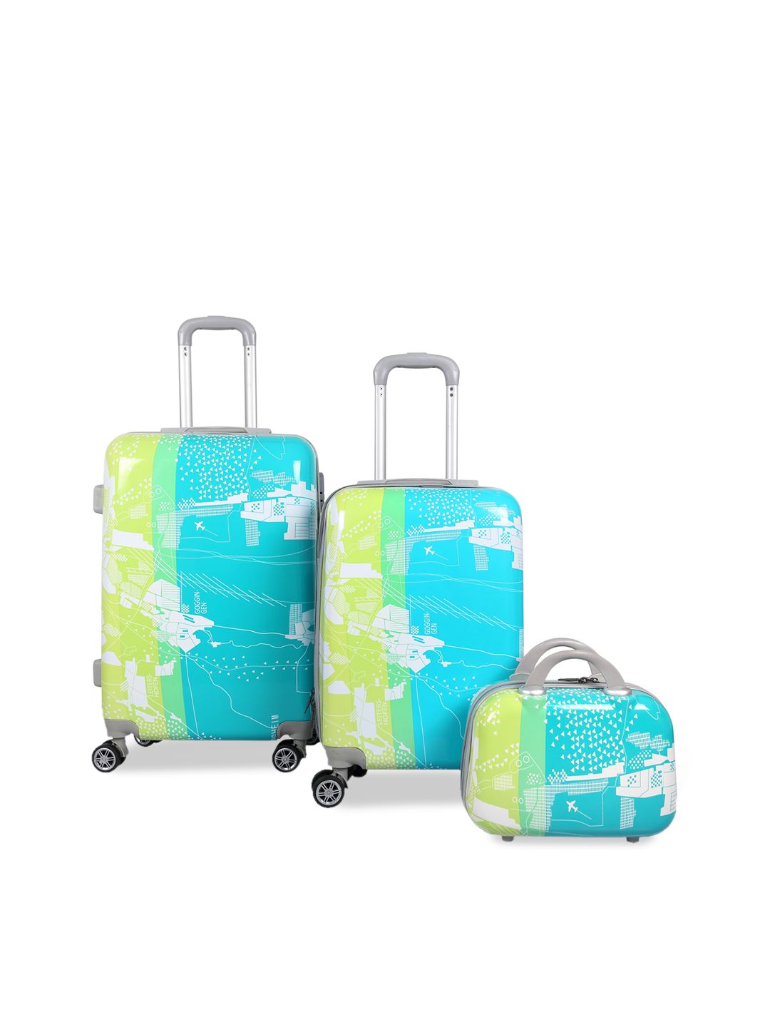 Polo Class Unisex Set Of 3 Green & Blue Printed Trolley & Vanity Bags Price in India