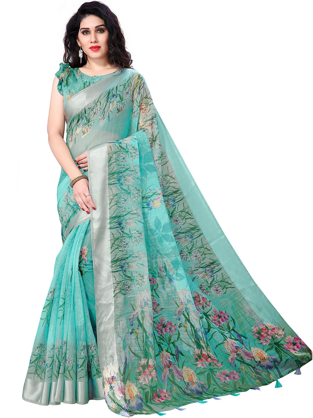 KALINI Teal Blue & Grey Floral Printed Bagh Cotton Saree