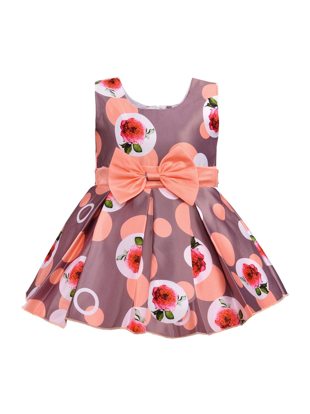 Wish Karo Girls Peach-Coloured Floral & Polka Dot Printed Round Neck Silk Satin Dress
