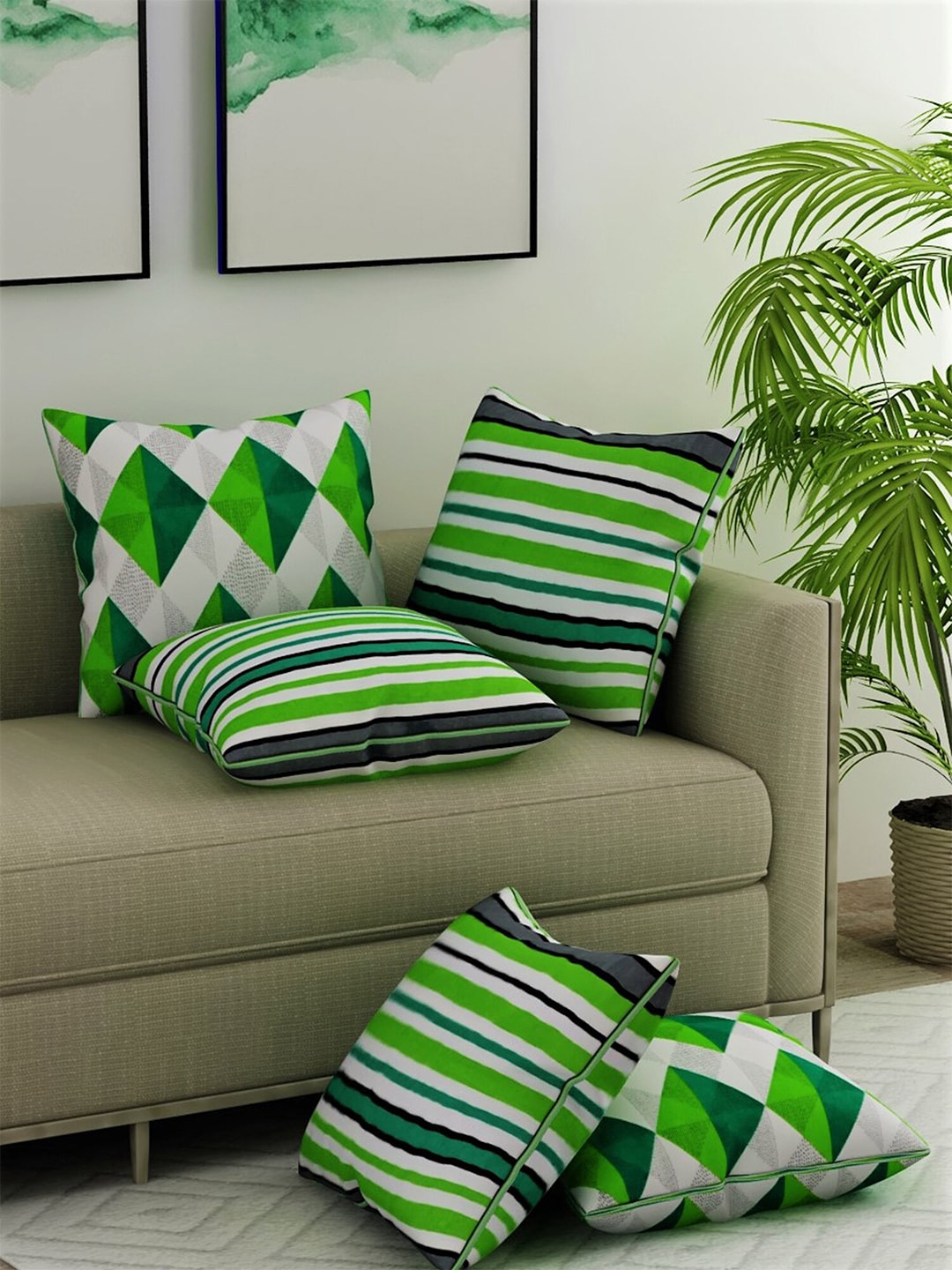 Salona Bichona Green & White Set of 5 Striped Satin Square Cushion Covers Price in India
