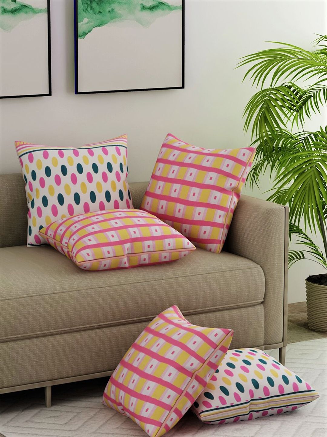 Salona Bichona Yellow & Pink Set of 5 Striped Satin Square Cushion Covers Price in India