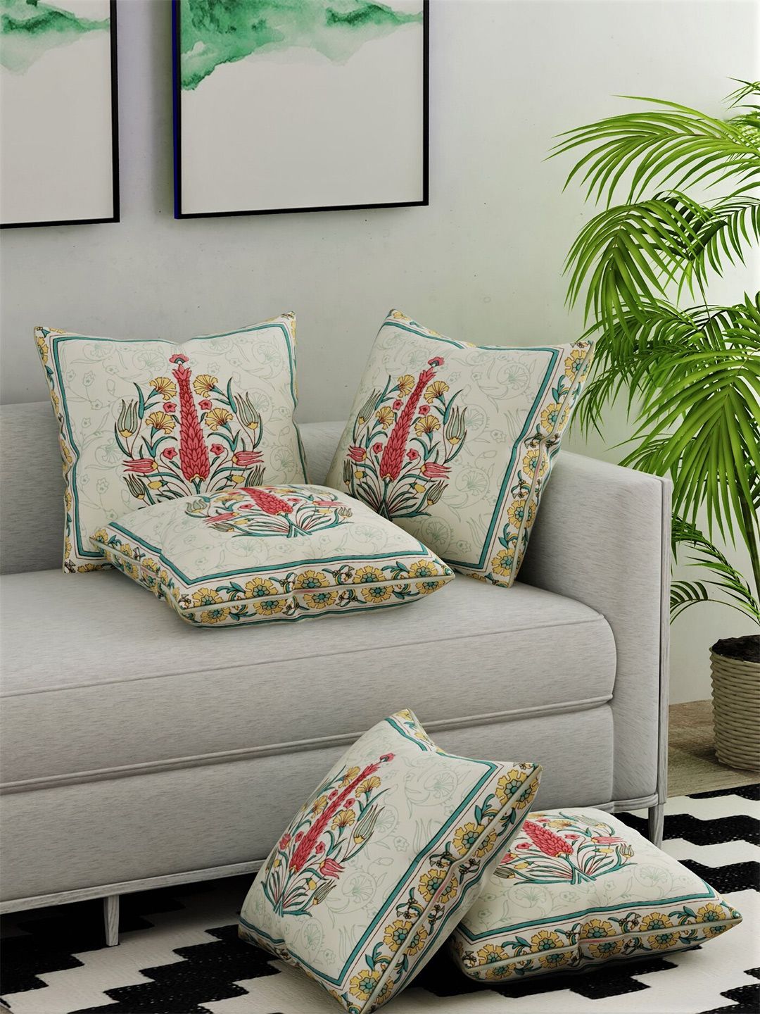 Salona Bichona Cream-Coloured & Pink Set of 5 Floral Square Cushion Covers Price in India