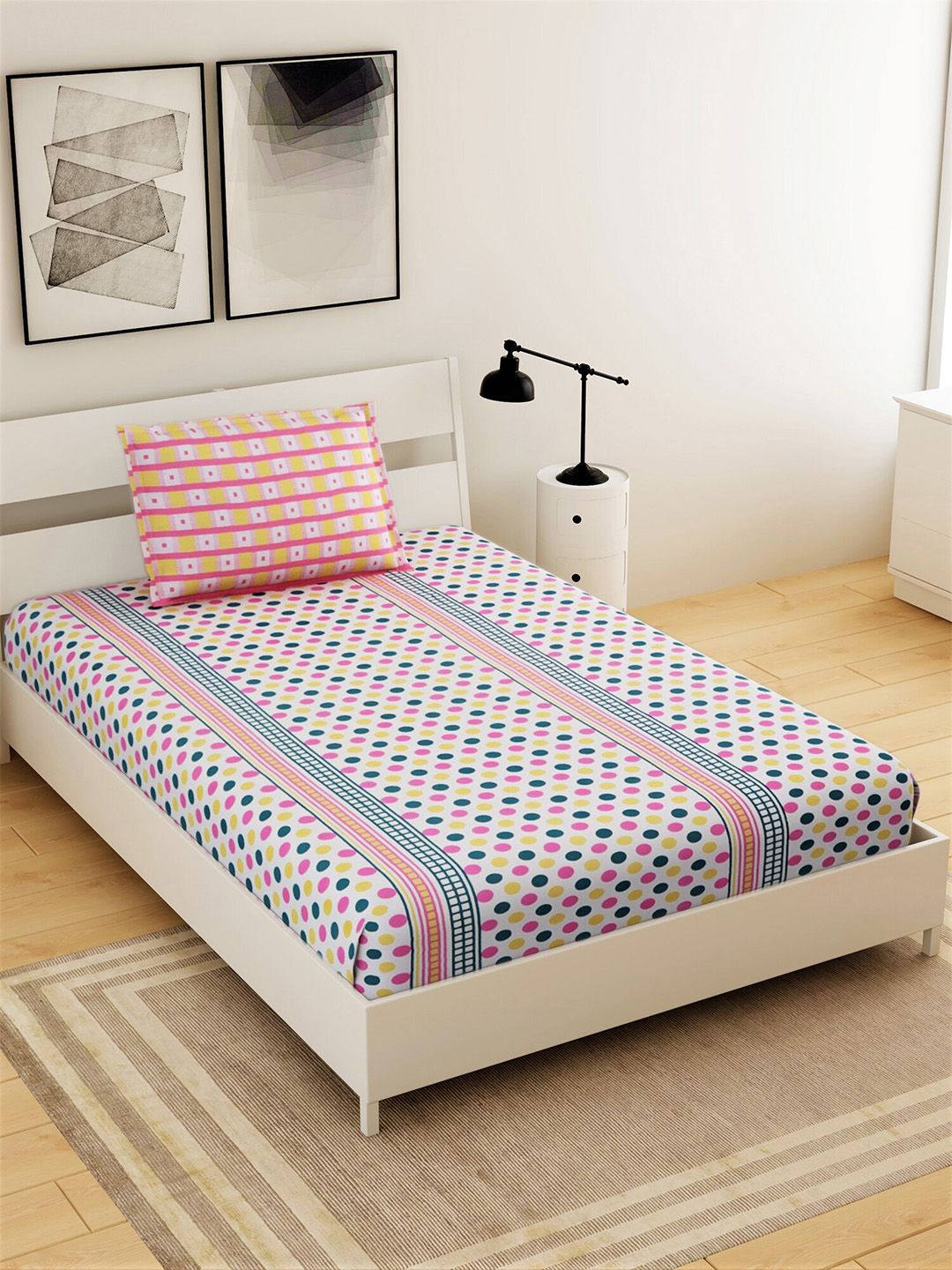 Salona Bichona White & Pink Striped 104 TC Single Bedsheet with 1 Pillow Covers Price in India