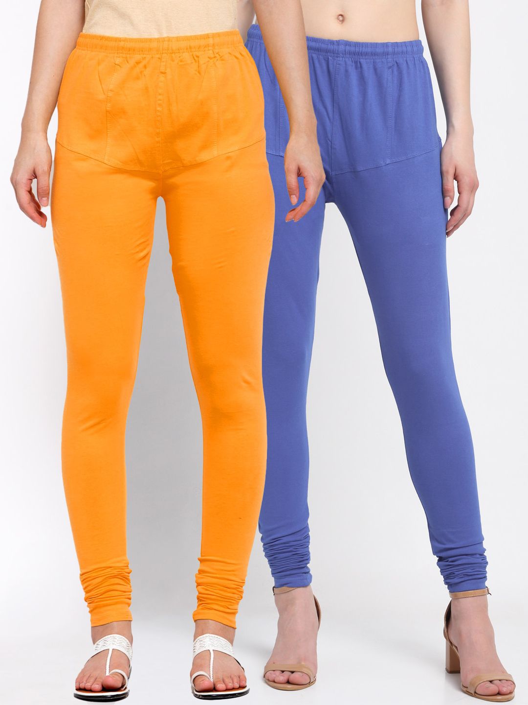 KLOTTHE Women Pack Of 2 Blue & Orange Solid Churidar-Length Cotton Leggings Price in India