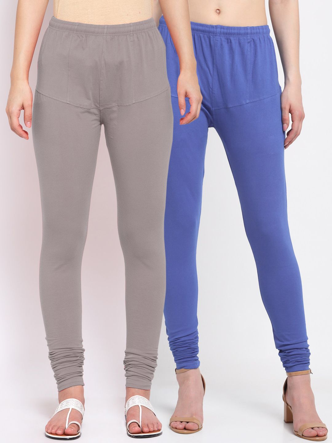 KLOTTHE Women Pack Of 2 Grey & Blue Solid Cotton Churidar-Length Leggings Price in India