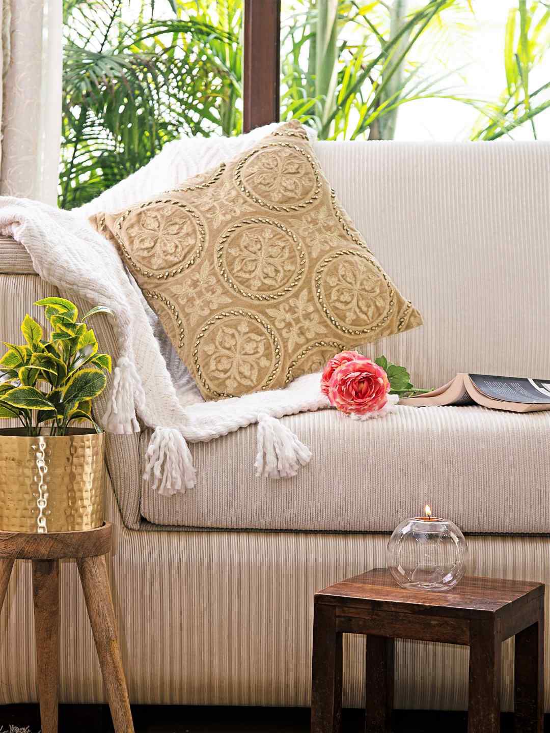 Amoliconcepts Beige Embroidered Velvet Square Cushion Covers Price in India