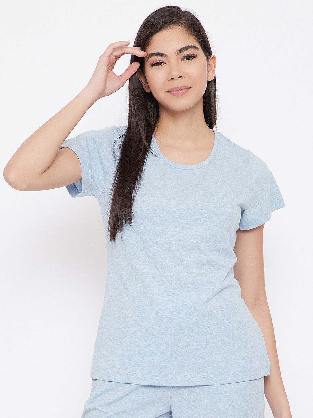 Clovia Women Blue Solid Cotton Lounge T-Shirt Price in India