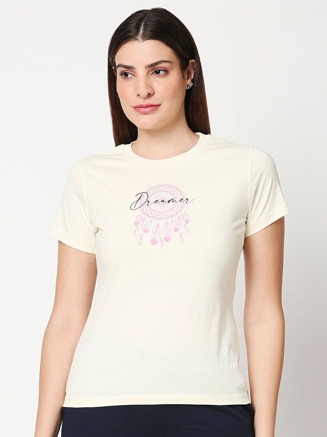 Bewakoof Women Off White Typography Printed Cotton Lounge T-shirt Price in India