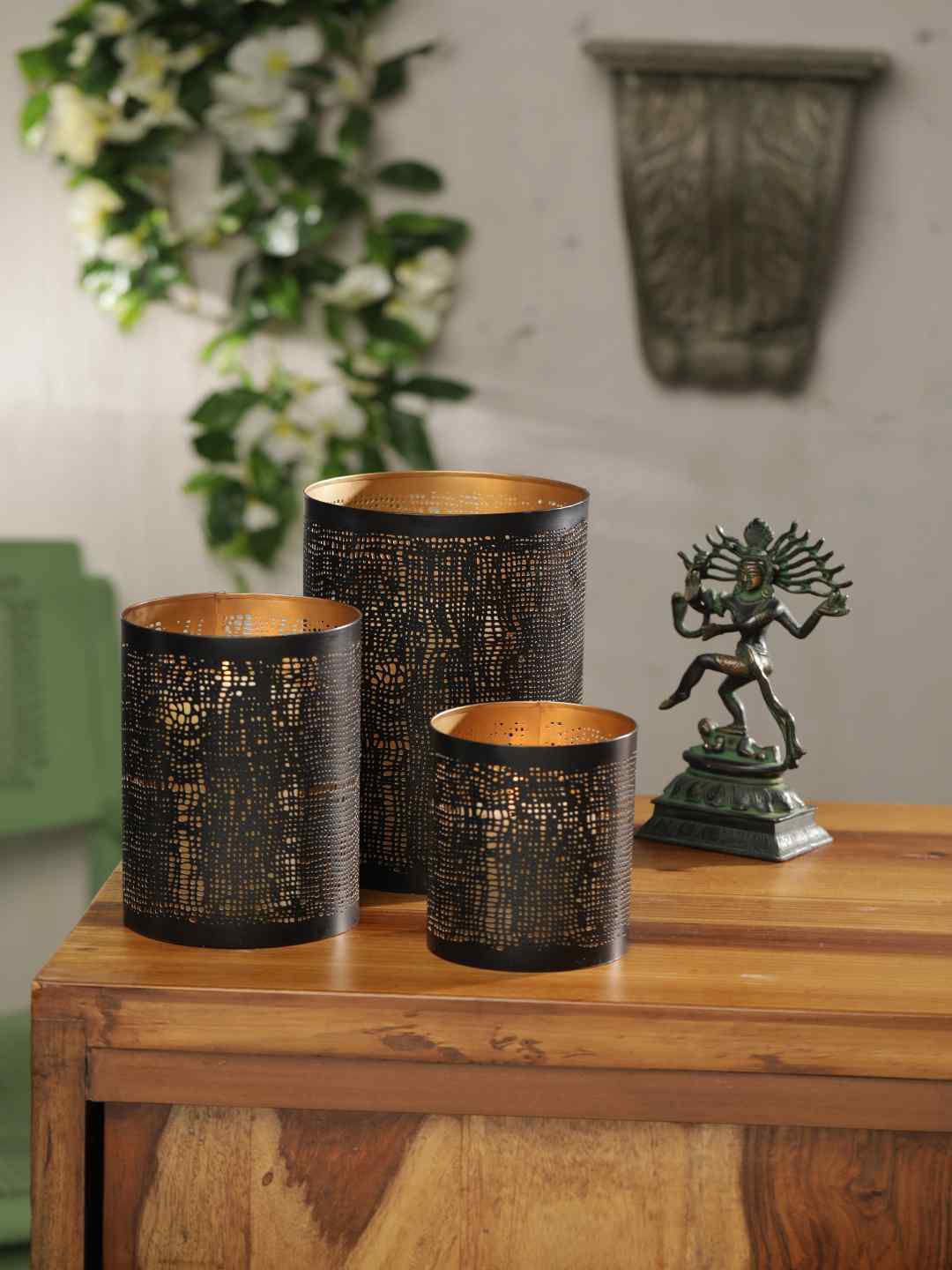 Amoliconcepts Set of 3 Black & Brown Printed Contemporary Table Lanterns Price in India