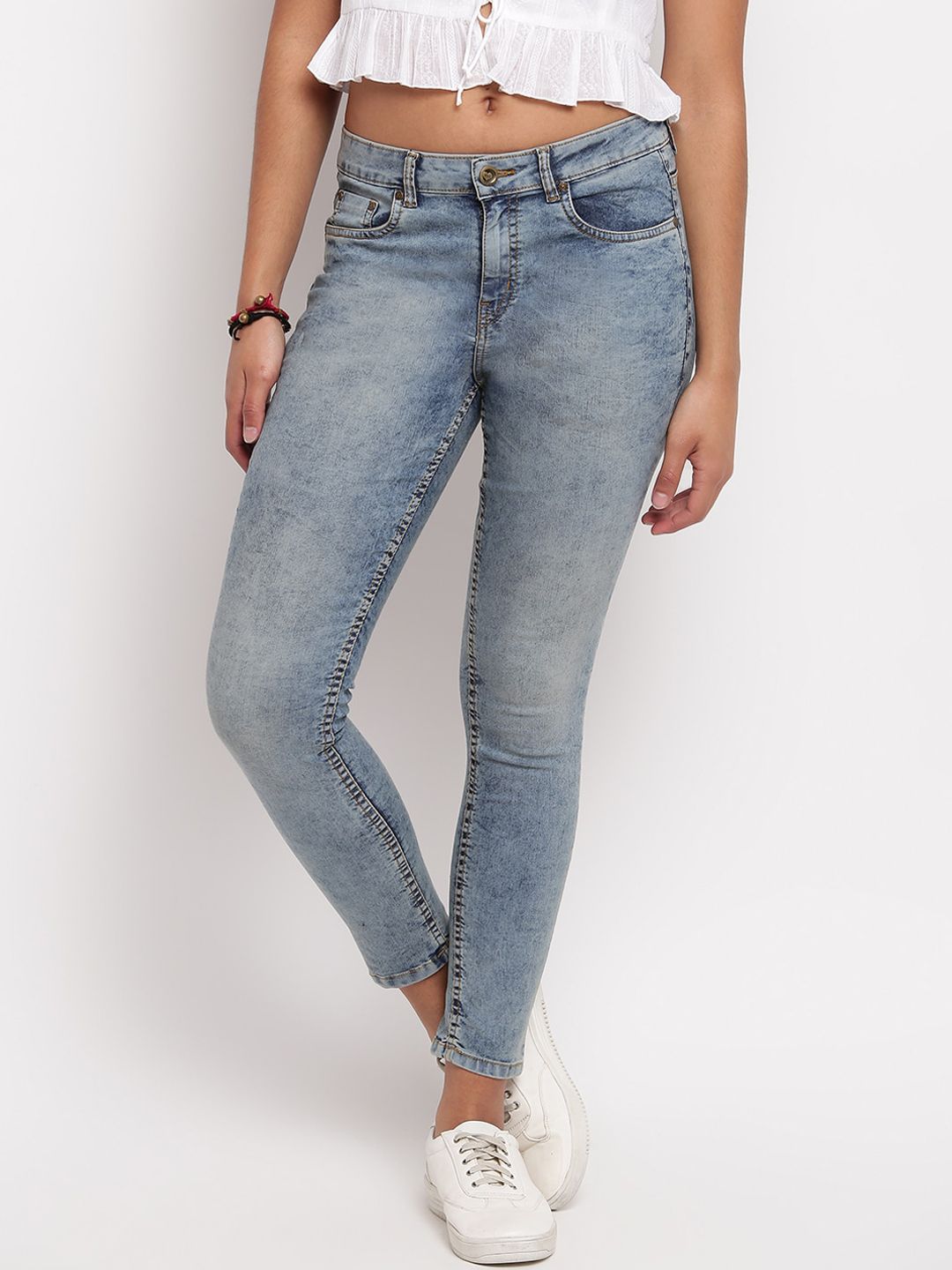 TALES & STORIES Women Blue Skinny Fit Heavy Fade Jeans Price in India